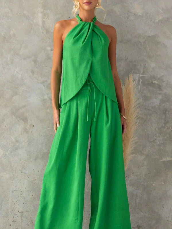 Lucy Sleeveless Halter Slit Top & Paperbag Waist Pants Set