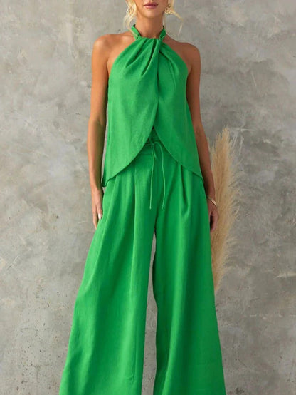Lucy Sleeveless Halter Slit Top & Paperbag Waist Pants Set