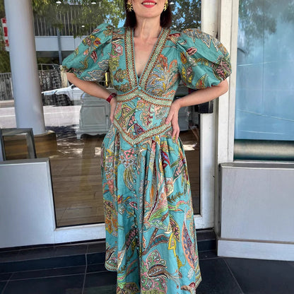 Amelia Stylish Linen Blend Puff Sleeve Maxi Dress
