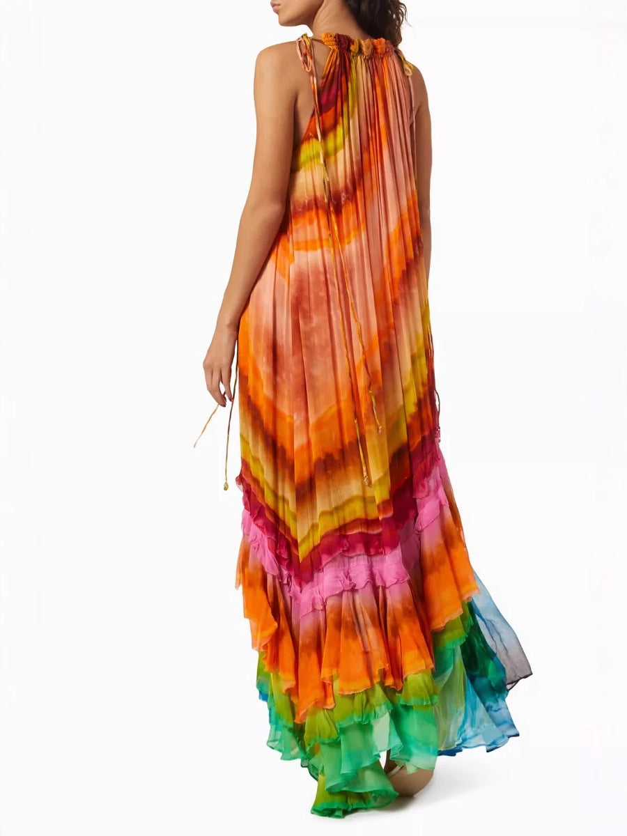 Stella Elegant Tie-Dye Print Layered Ruffles Dress
