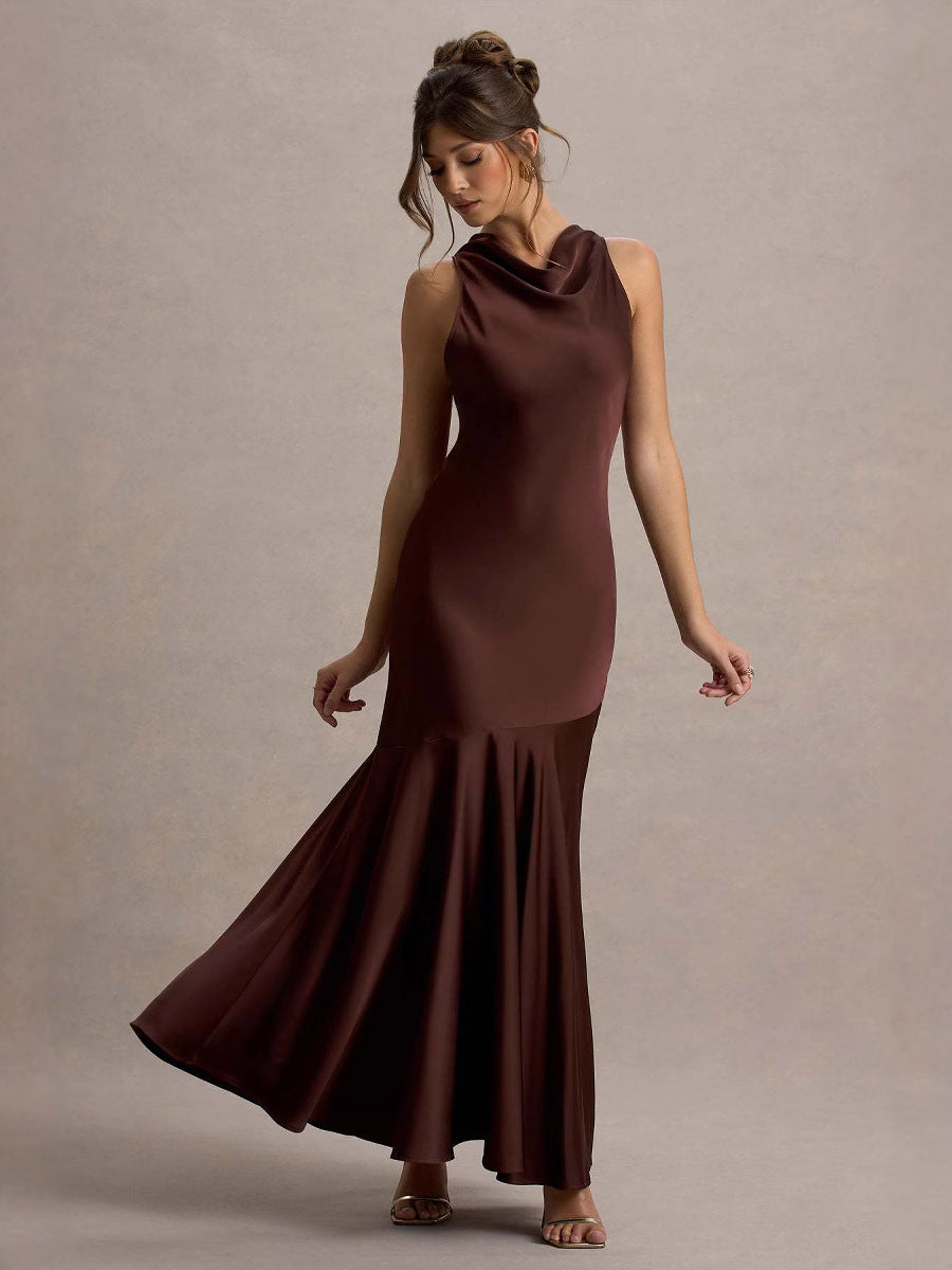 Tessa Elegant Satin Self-Tie Halter Neck Dress