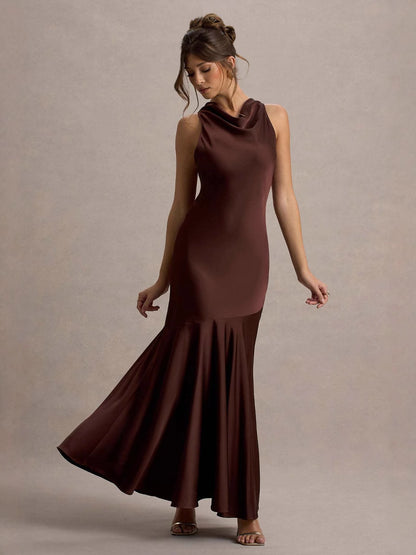 Tessa Elegant Satin Self-Tie Halter Neck Dress
