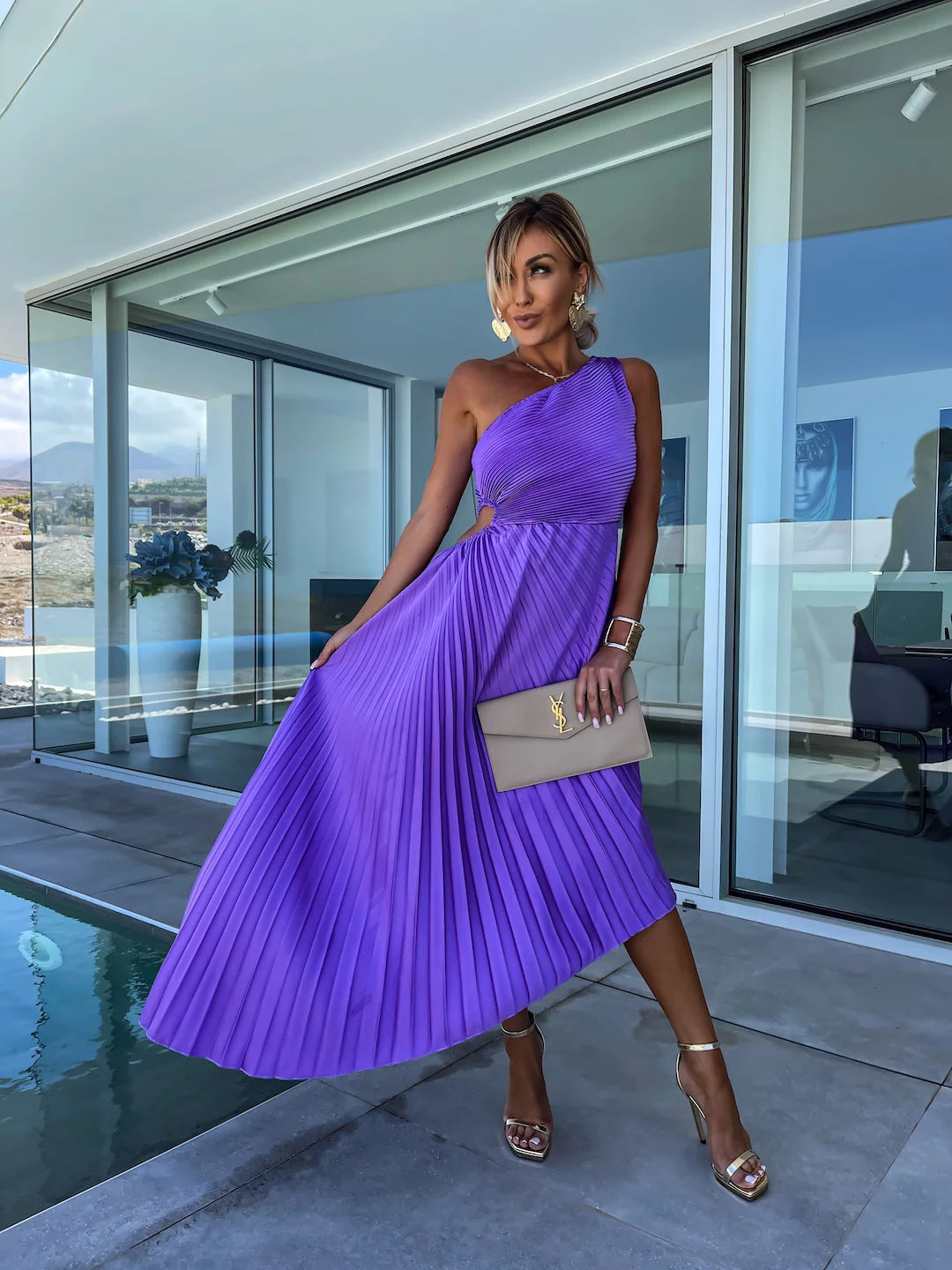 Margovil Elegant Irregular Pleated One-Shoulder Dress