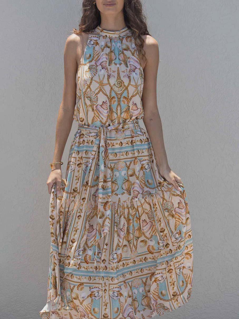 Lily Exquisite Satin Ocean Treasure Print Maxi Dress