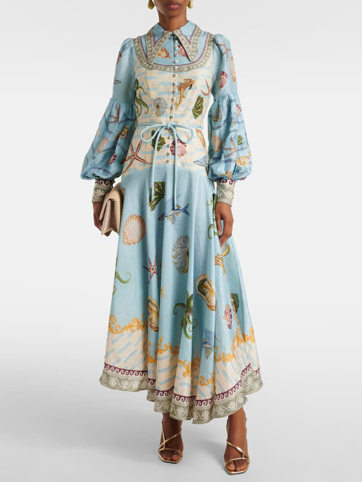 Amelia Elegant Deep Sea Floral Midi Dress