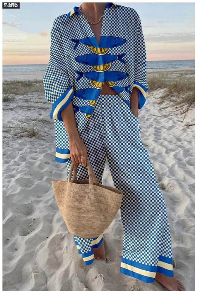 Ocean Print Oversized Shirt & Pocket Pants Set