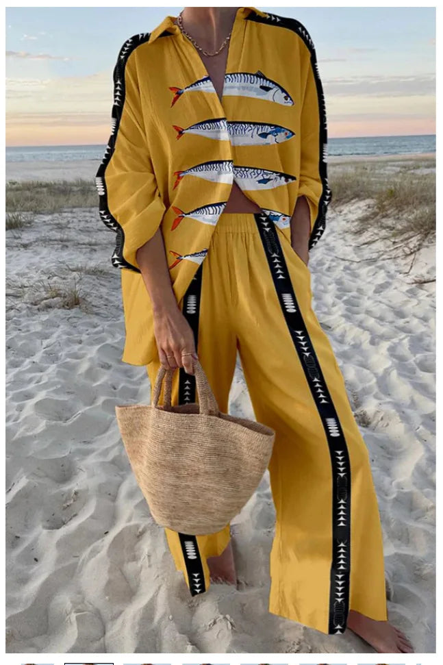Ocean Print Oversized Shirt & Pocket Pants Set