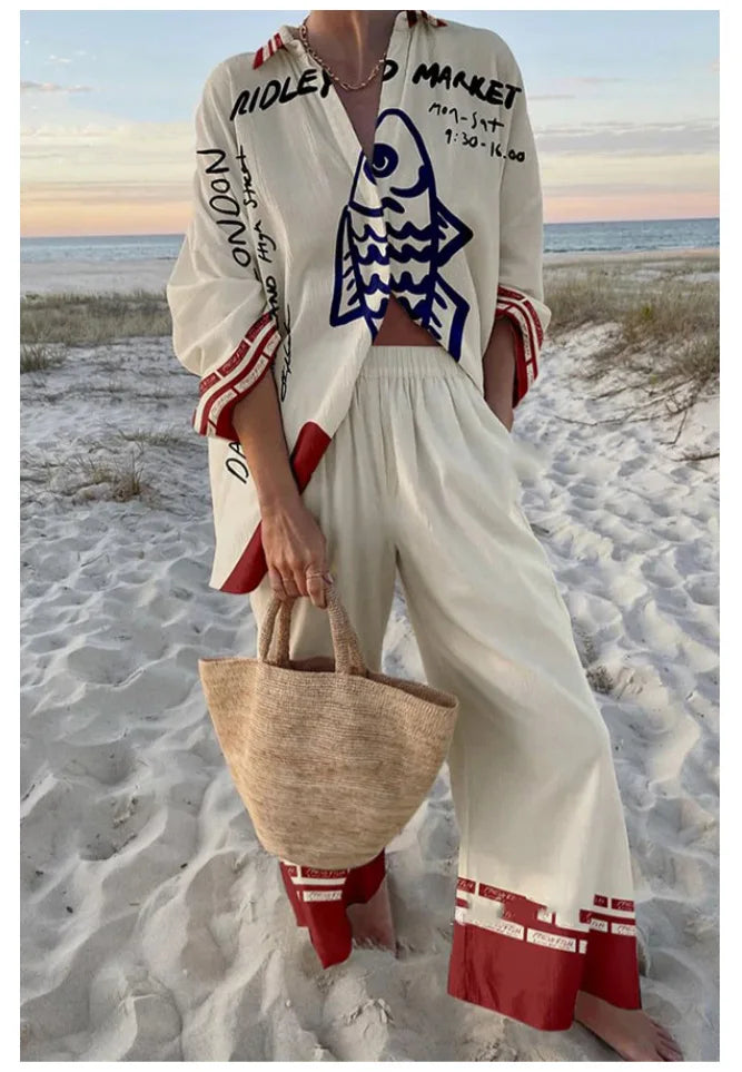 Ocean Print Oversized Shirt & Pocket Pants Set