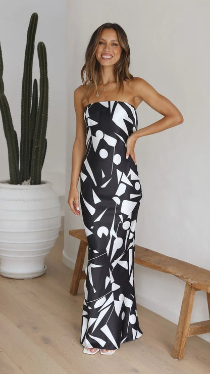 Anna Satin Geometric Print Off-Shoulder Maxi Dress