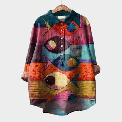 Leah Oversized Blouse with Stylized Cats and Unique Comfort for Every Day