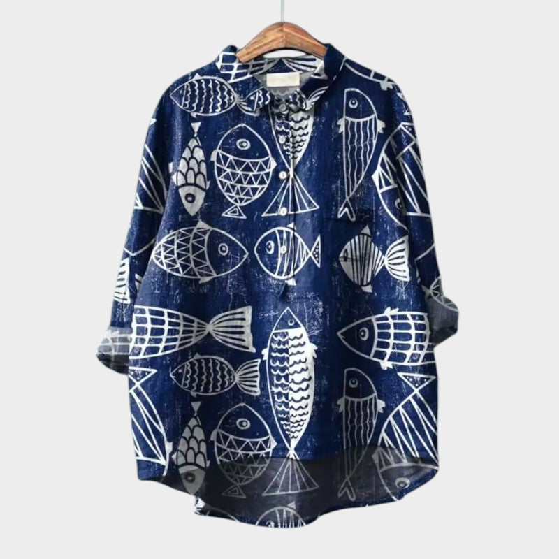 Leah Oversized Blouse with Stylized Cats and Unique Comfort for Every Day