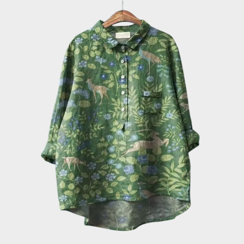 Leah Oversized Blouse with Stylized Cats and Unique Comfort for Every Day