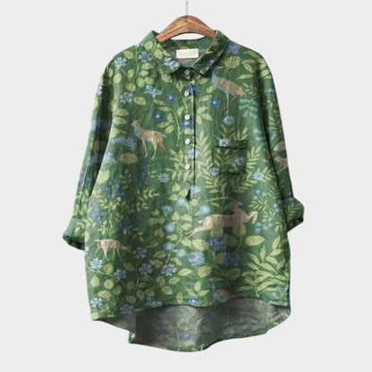 Leah Oversized Blouse with Stylized Cats and Unique Comfort for Every Day