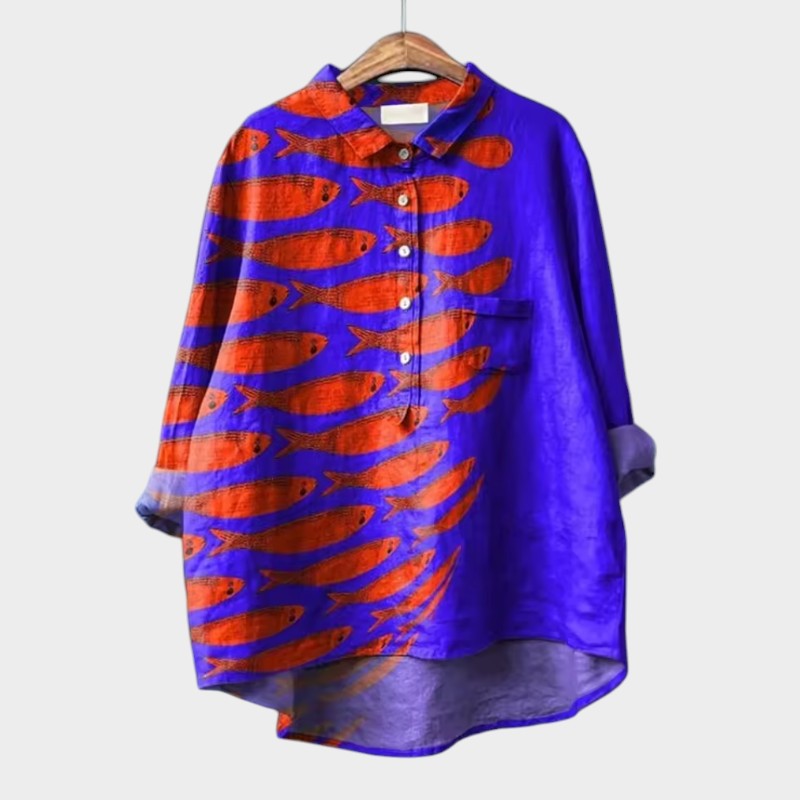 Leah Oversized Blouse with Stylized Cats and Unique Comfort for Every Day