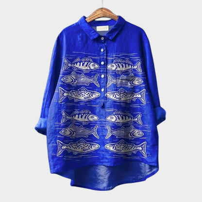 Leah Oversized Blouse with Stylized Cats and Unique Comfort for Every Day