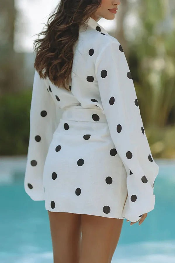 Lena  Elegant Polka Dot Linen Blouse & Skirt Set