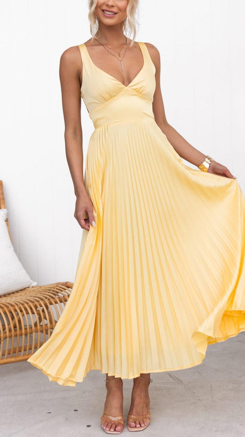 Lily Yellow Pleated V-Neck Maxi Dress