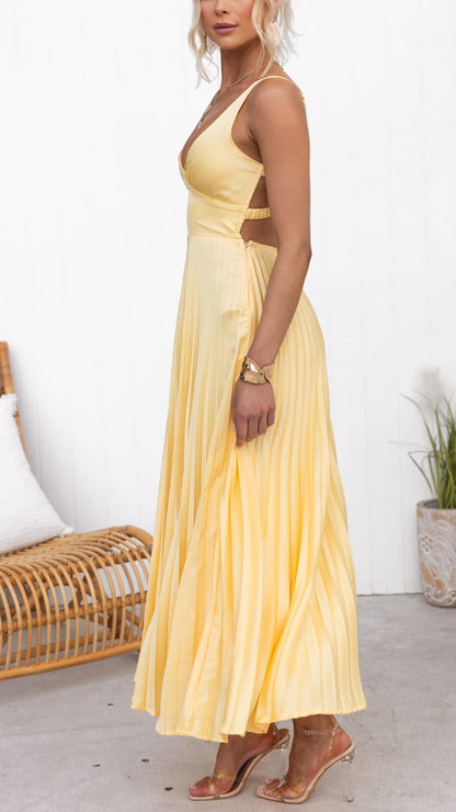 Lily Yellow Pleated V-Neck Maxi Dress