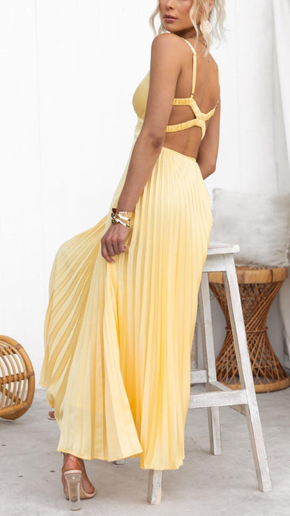 Lily Yellow Pleated V-Neck Maxi Dress
