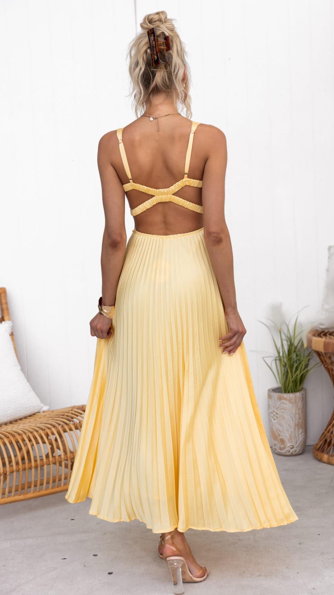 Lily Yellow Pleated V-Neck Maxi Dress