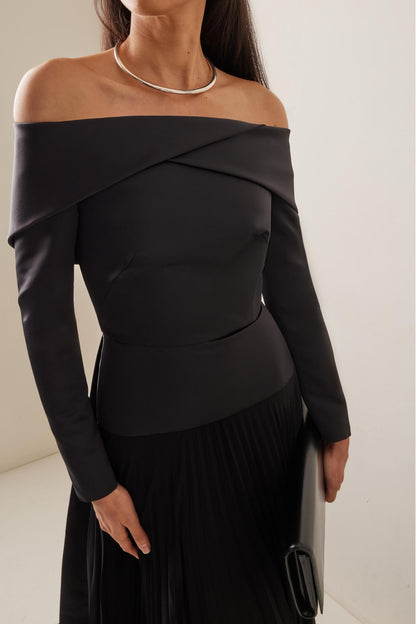 Savannah Solid Pleated Off-Shoulder Maxi Dress