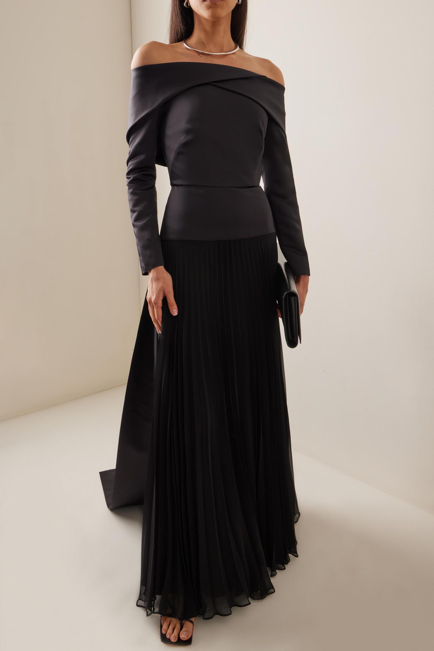 Savannah Solid Pleated Off-Shoulder Maxi Dress