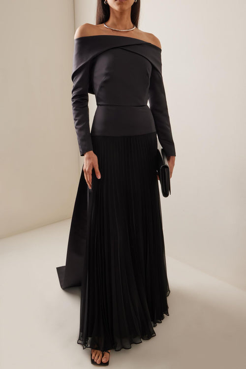 Savannah Solid Pleated Off-Shoulder Maxi Dress
