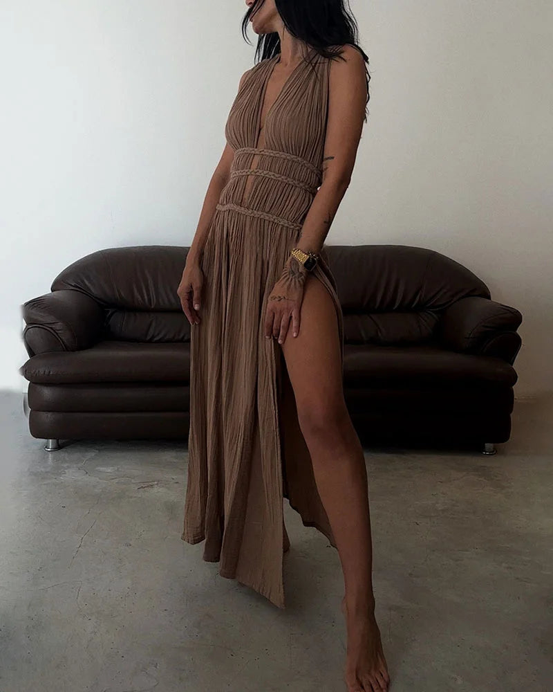 Harper Chic slit braided lace-up cotton and linen dress
