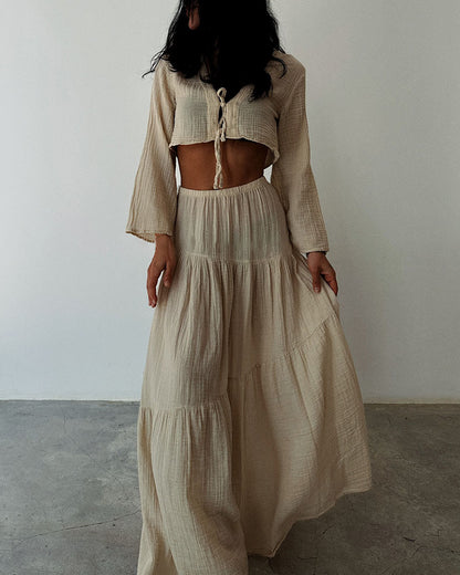 Grace Fashionable lace-up slit cotton and linen two-piece set