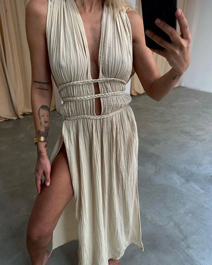 Harper Chic slit braided lace-up cotton and linen dress