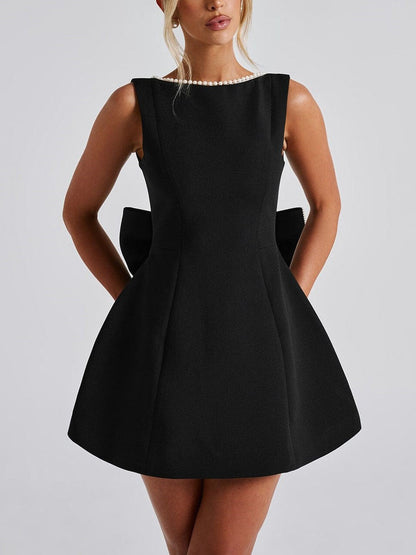 Ruby Elegant Pearl Bow Fitted Mini Dress