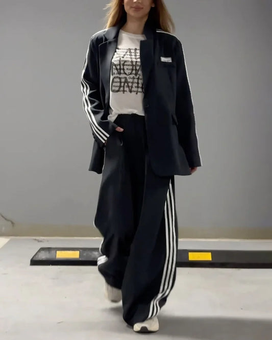 Fashionable Striped Blazer & Wide Leg Pants Two-Piece Set