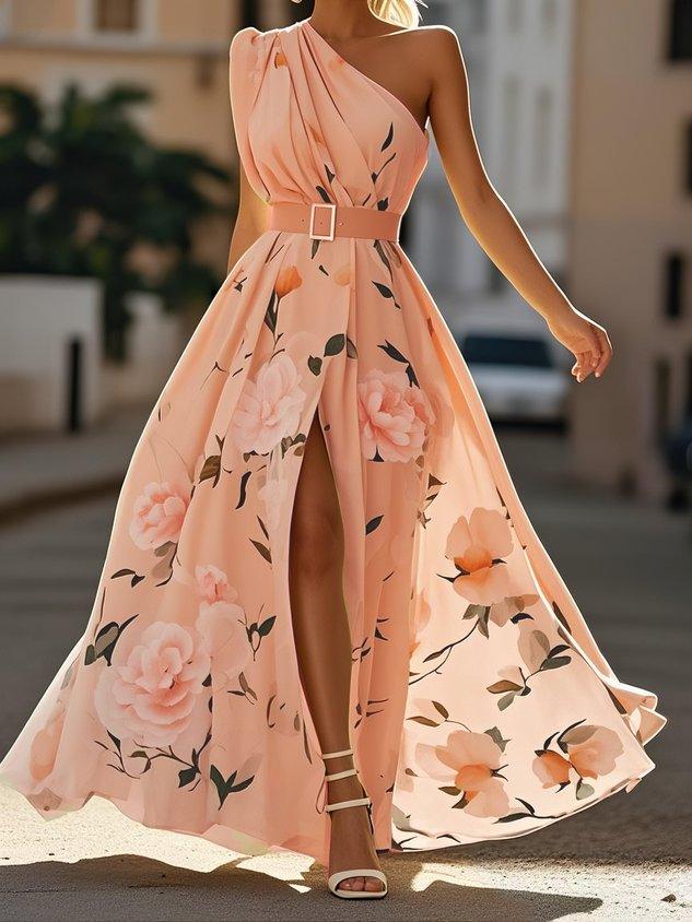 Daisy One Shoulder A-Line Maxi Chiffon Dress