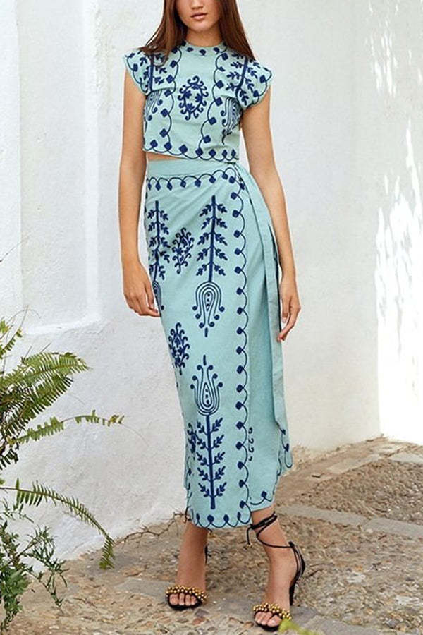Mia Stylish Ethnic Print Crop Top & Wrap Skirt Set