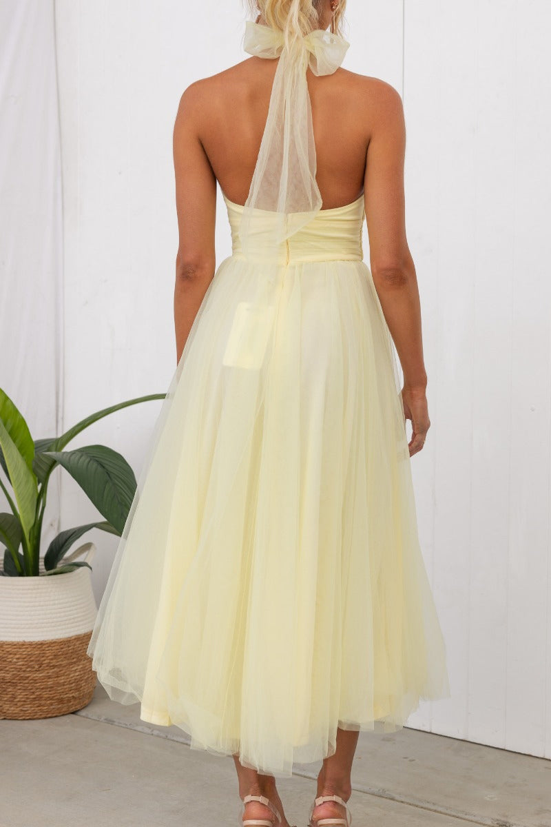 Sarah Elegant Tulle Gathered Detail Halter Dress