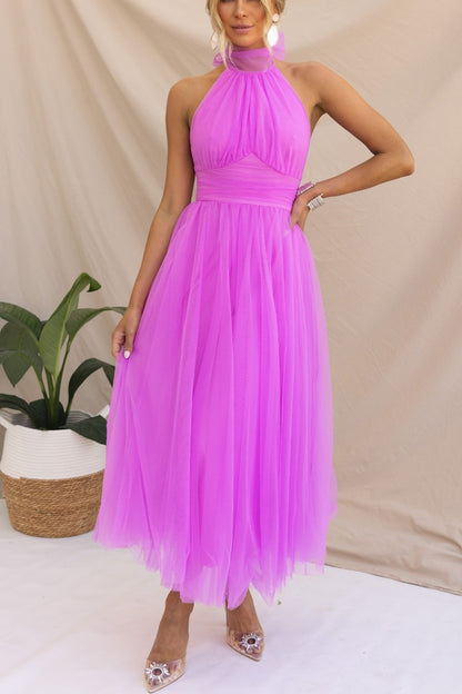 Sarah Elegant Tulle Gathered Detail Halter Dress