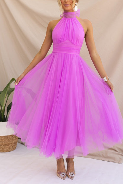 Sarah Elegant Tulle Gathered Detail Halter Dress