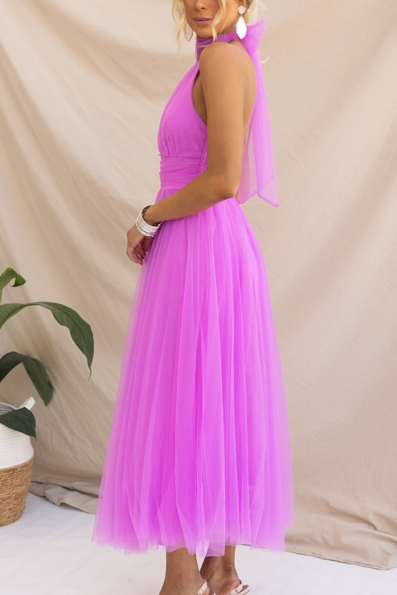 Sarah Elegant Tulle Gathered Detail Halter Dress