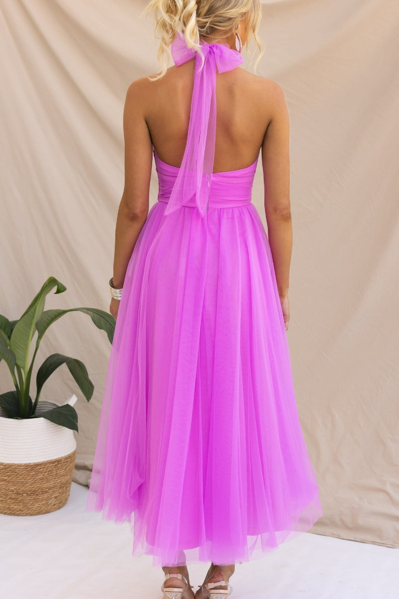 Sarah Elegant Tulle Gathered Detail Halter Dress