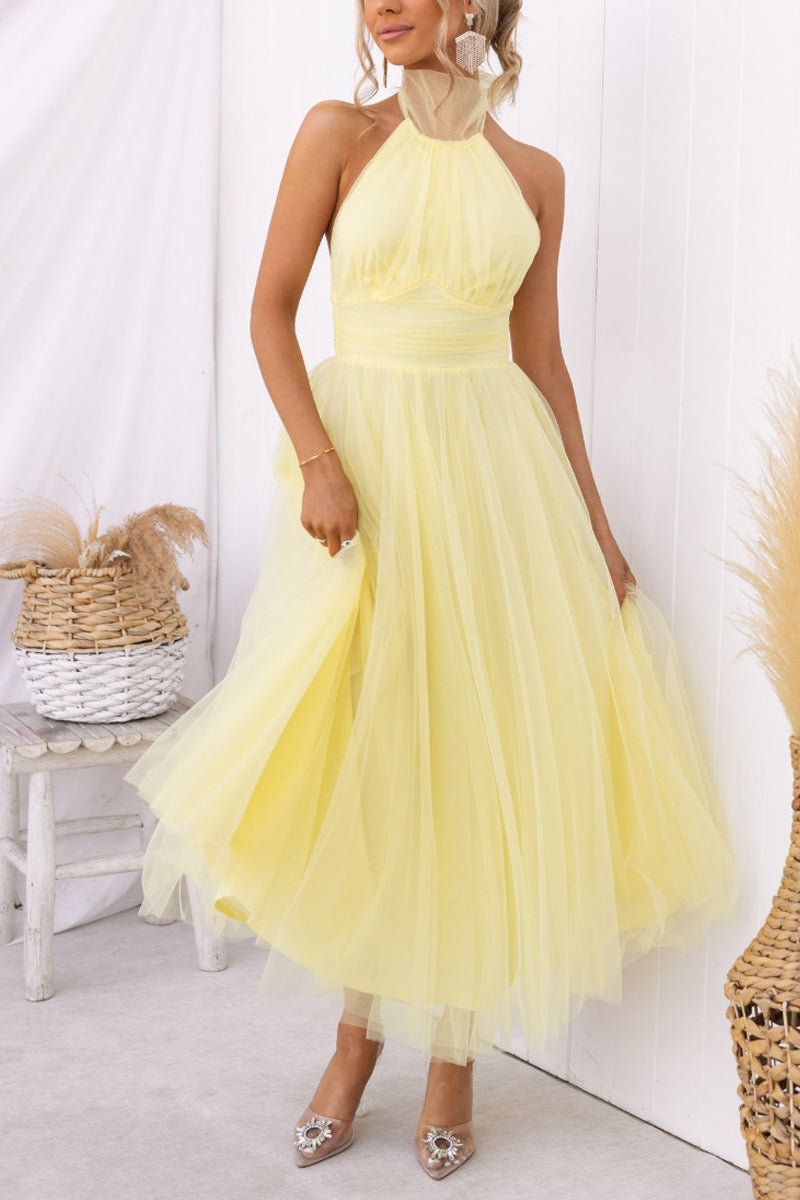 Sarah Elegant Tulle Gathered Detail Halter Dress