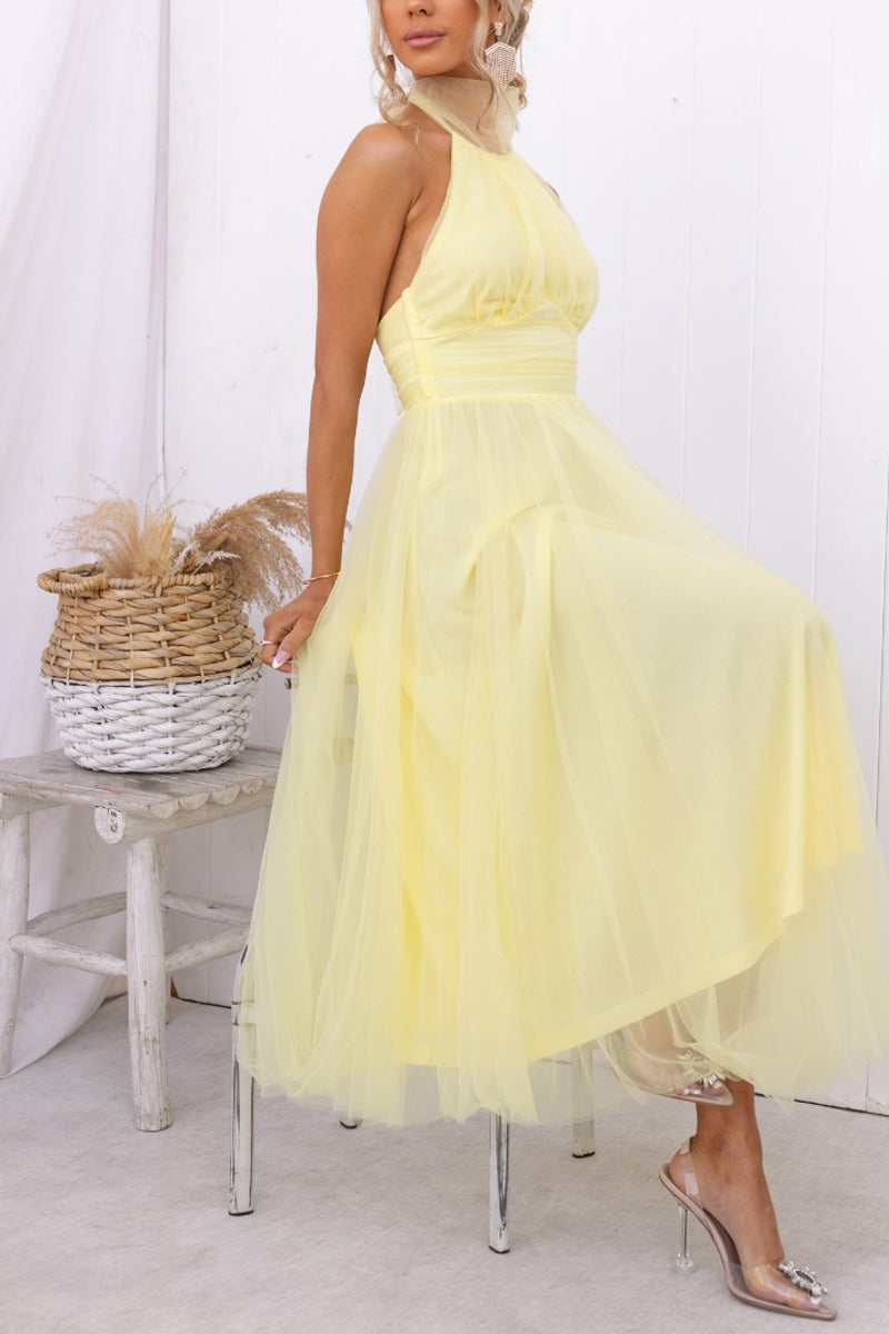 Sarah Elegant Tulle Gathered Detail Halter Dress