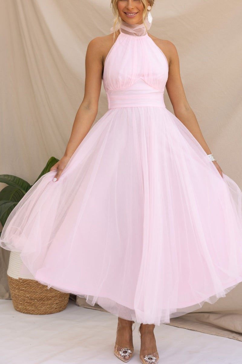 Sarah Elegant Tulle Gathered Detail Halter Dress