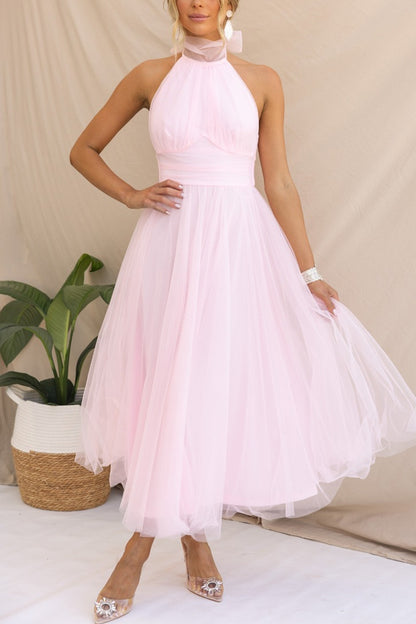 Sarah Elegant Tulle Gathered Detail Halter Dress