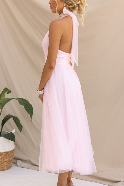 Sarah Elegant Tulle Gathered Detail Halter Dress