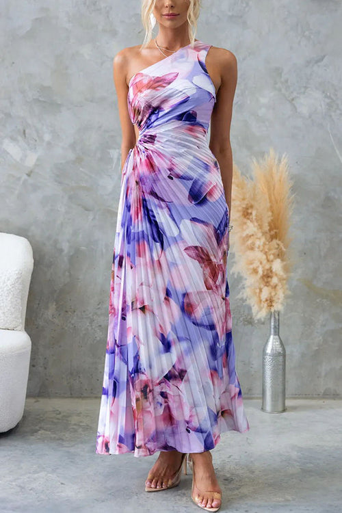 Ellie Elegant Floral Pleated One-Shoulder Dress