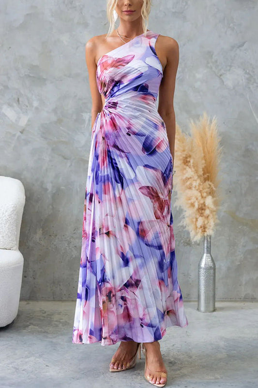 Ellie Elegant Floral Pleated One-Shoulder Dress