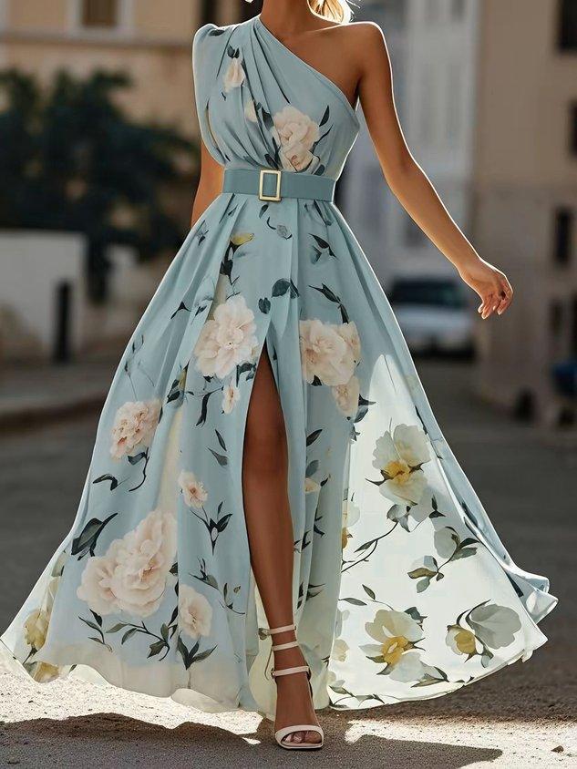 Daisy One Shoulder A-Line Maxi Chiffon Dress