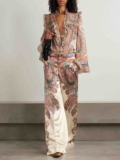Lily Elegant Vintage Paisley Wide-Leg Pants