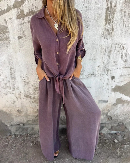 Mia Casual Solid Shirt & Wide Leg Two-Piece Set