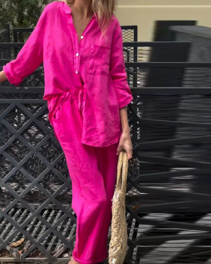 Emma Solid Color V-Neck Cotton Linen Set